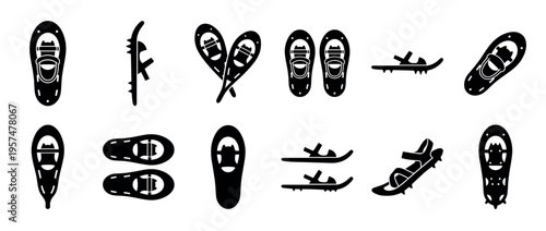 Snowshoes icon set featuring various styles and orientations of winter footwear for outdoor activities.