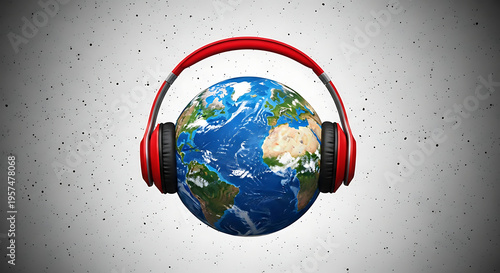 Globe wearing red headphones on gray background with black dots transparent background