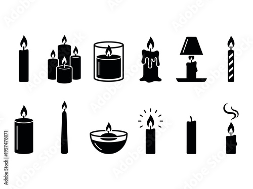 Candle icons set featuring various burning wax candles in different shapes and styles, perfect for decorative or symbolic design elements.