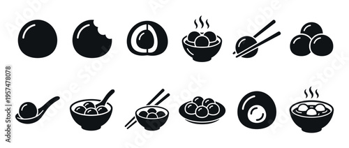 Tangyuan sweet rice balls food icons set depicting various stages of preparation and consumption, including whole, bitten, in bowls, and with chopsticks.