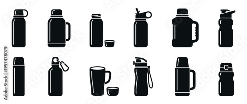 Thermoses water bottles travel mugs and flasks vector icon set for hot and cold beverages and outdoor activities.