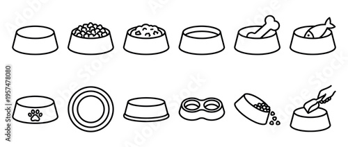 Pet food bowls icon set featuring various empty and filled dishes for domestic animals, illustrating feeding and care concepts in outline style.