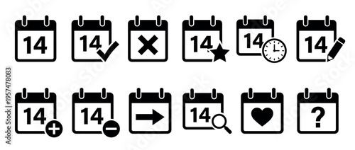 Collection of calendar icons set with various symbols representing different actions and events for scheduling and planning.