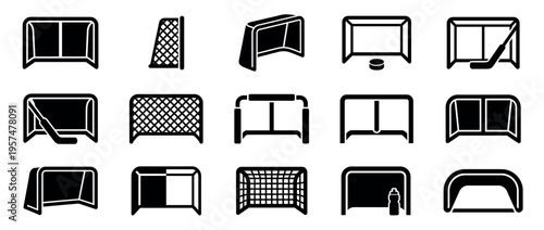 Hockey goals icons collection, showcasing different types of nets, some with pucks, sticks, or a water bottle, in a minimalist black and white design.