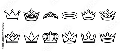 Various outline crown and tiara icons representing royalty, leadership, success, and luxury in a simple vector illustration set.