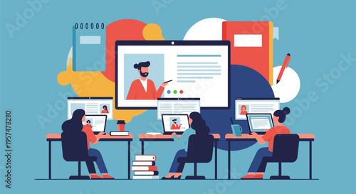 Students engaged in online learning with a virtual instructor on a large screen.