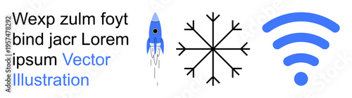 Technology, innovation, connectivity, climate, exploration, symbols. A rocket launch, snowflake and wireless icon. Technology and innovation highlighted through space travel and digital connection