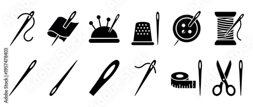 Sewing tools and tailoring equipment collection featuring needles, thread, thimble, scissors, and measuring tape for craft projects.