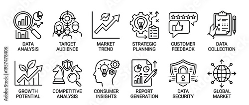 Comprehensive collection of line icons representing various essential business, marketing, and data analysis concepts for strategic planning and growth.