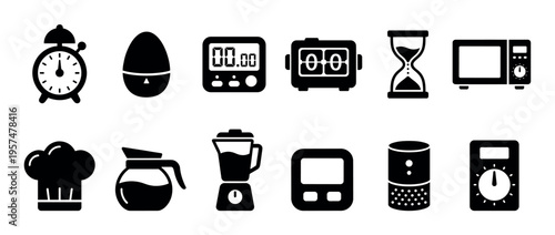 Kitchen appliances, cooking tools, and various timers icon set for home and culinary use, featuring modern and traditional devices