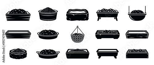 Collection of various garden and farm containers filled with different materials like hay, grains, and pebbles, presented as black silhouettes.