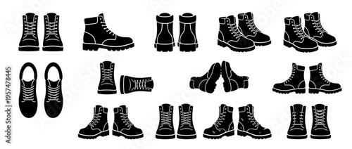 Collection of black silhouette boots in various views, showcasing different angles and styles of sturdy footwear.
