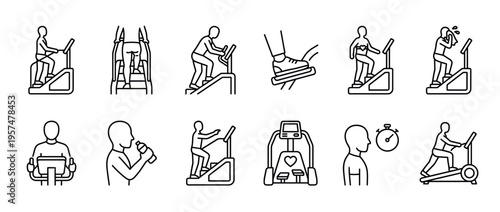 Fitness exercise equipment workout icons set depicting various aspects of physical activity, training, and health monitoring.