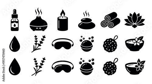 Spa relaxation aromatherapy icons featuring essential oils, diffusers, candles, hot stones, and bath products for wellness and self-care.