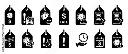 Financial deadline and penalty icons, representing late payments, overdue bills, and time-sensitive monetary obligations.