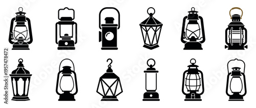Various vintage camping lantern silhouettes collection showcasing different styles of portable light sources for outdoor adventures and decorative purposes.