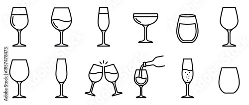 Collection of various wine glasses and drinkware icons, including champagne flutes, stemless tumblers, and classic goblets, perfect for beverage-related designs.