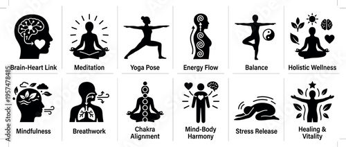 Wellness, meditation, yoga, and mind-body connection icons representing holistic health, spiritual balance, and stress relief practices.