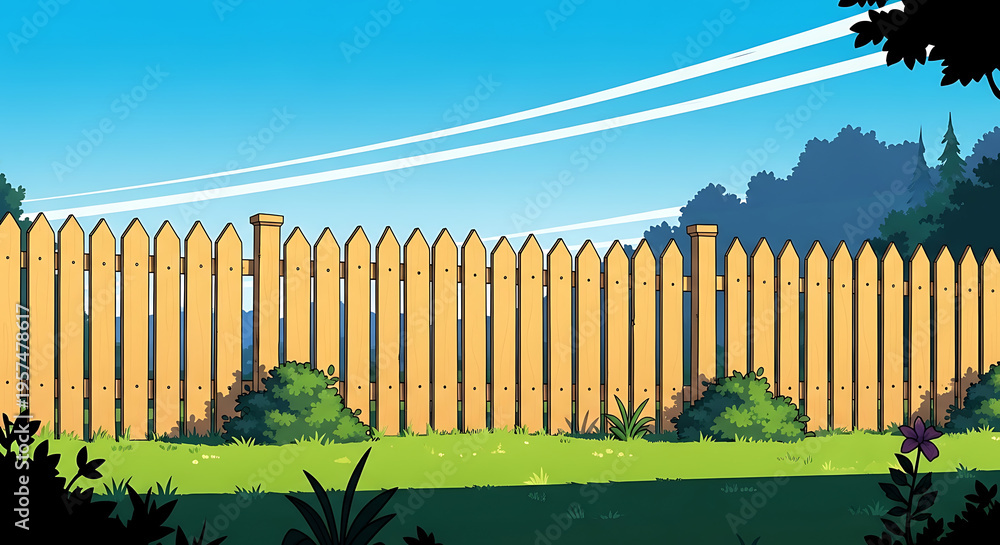 Fototapeta premium A wooden picket fence in a garden with green grass and blue sky background