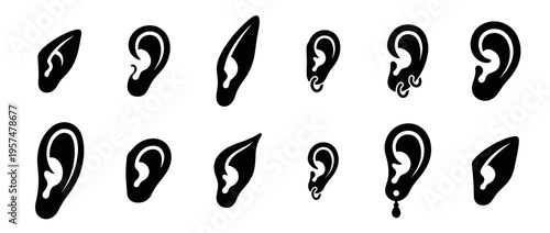 Ear icons collection featuring various human and fantasy ear shapes with and without piercings, representing hearing and body modification concepts.