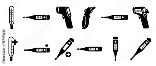 Medical thermometers vector icon set showing different types of temperature measurement tools for healthcare applications and fever detection.