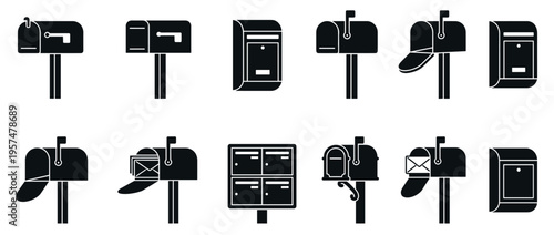 Mailbox postbox letterbox icons set with various styles and designs for communication, delivery, and postal service concepts.