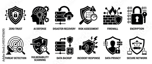 Cybersecurity icons representing various digital security concepts and network protection strategies for modern data defense.