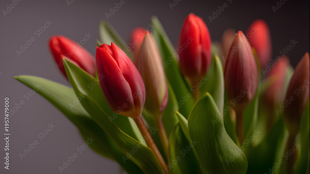 Obraz premium Red tulips in moody light, elegant floral composition with deep tones and rich texture.
