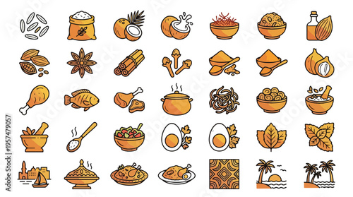Middle Eastern Food Icon Set in Linear Gradient Style. A collection of Middle Eastern Food Linear Icons, including rice, coconut, saffron, spices, chicken, fish, meat, and more. Vector art.