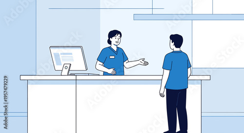 Healthcare worker assisting patient at reception desk with computer, modern clinic interior