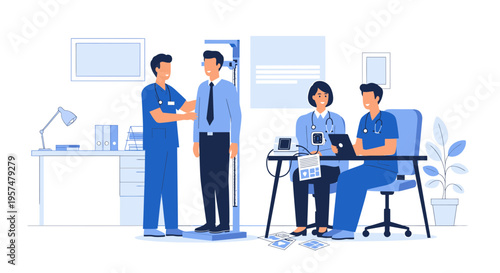 Medical check-up: doctor measuring patient's height, nurses record data, healthcare concept