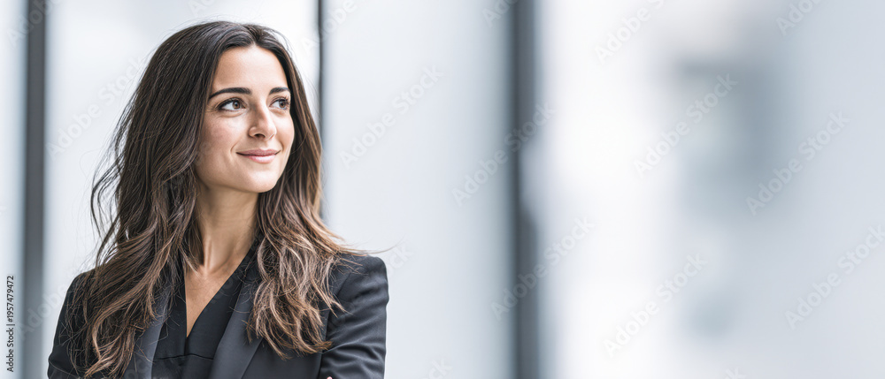 Obraz premium Confident businesswoman in a black suit smiling and looking to the side in a modern office setting.