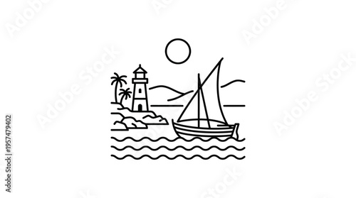 Minimalist Coastal Landscape With Sailboat and Lighthouse