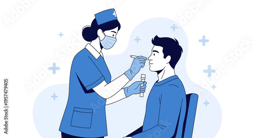 Nurse performing nasal swab test on patient for COVID-19 or other respiratory illness