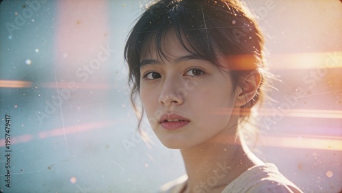 Close up portrait of young Asian woman with soft sunlight and bokeh