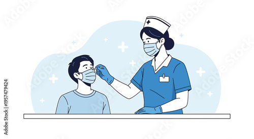 Nurse performing COVID-19 nasal swab test on a young boy wearing a face mask