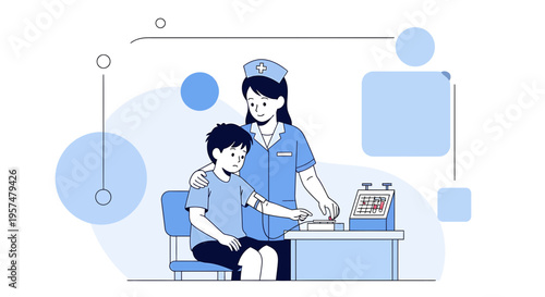 Nurse measures blood pressure of a child, medical checkup, healthcare concept illustration