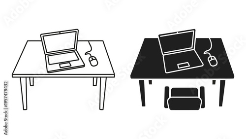 Line art illustrations of laptops on desks with a mouse