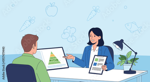 Nutritionist consulting patient about healthy diet and food pyramid on tablet