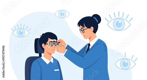 Optometrist examining patient's eyes with phoropter, vision test, eye care concept