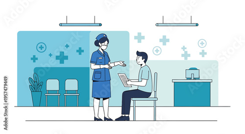 Nurse talking to patient in waiting room, medical consultation, healthcare concept