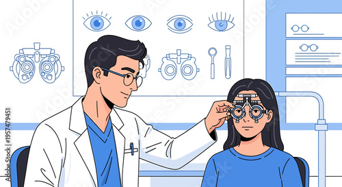 Optometrist examining patient's eyes with trial frame for vision test at clinic