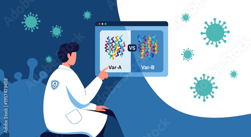 Scientist analyzes virus variants A and B on screen, comparing protein structures