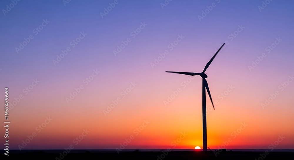Obraz premium Wind turbine standing tall against vibrant sunset sky with orange hues and silhouetted blades in a serene landscape scene at dusk outside