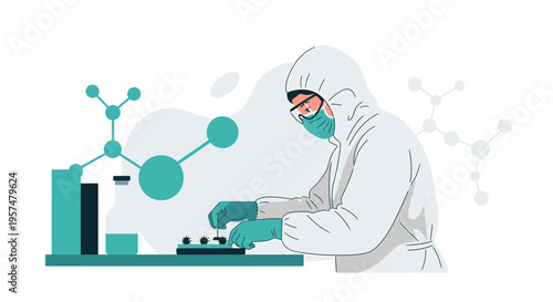Scientist in protective suit conducting experiment with microscope and molecular model