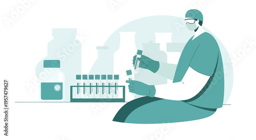 Scientist in protective gear conducts experiment with test tubes in laboratory, virus research