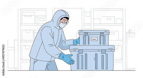 Scientist in protective suit handling sterile containers in a laboratory or storage
