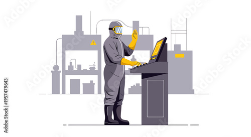 Scientist in protective suit operating machinery in a modern laboratory