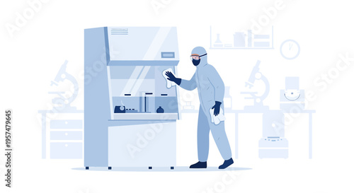 Scientist in protective suit working in biosafety cabinet with microscopes in lab