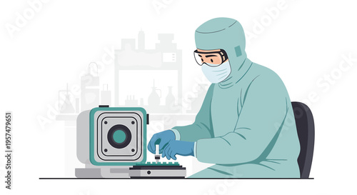 Scientist in protective suit working with laboratory equipment and samples